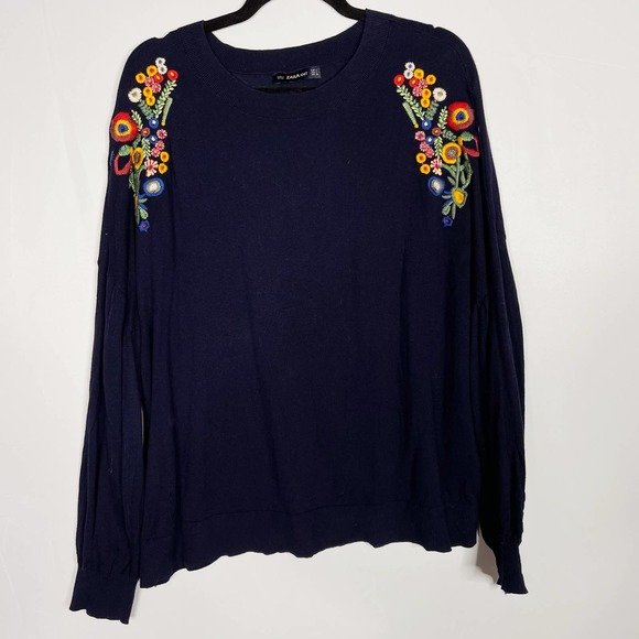 Zara Sweaters - Zara Navy Blue Large L Floral Embroidered Shoulder Lightweight Sweater Cotton